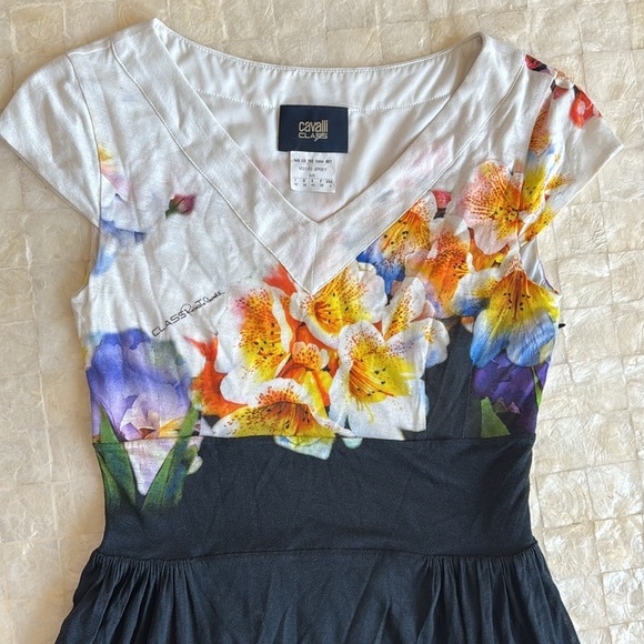 Roberto Cavalli Floral Print Dress with Black & White back colorful jersey sz 6 - Picture 2 of 15